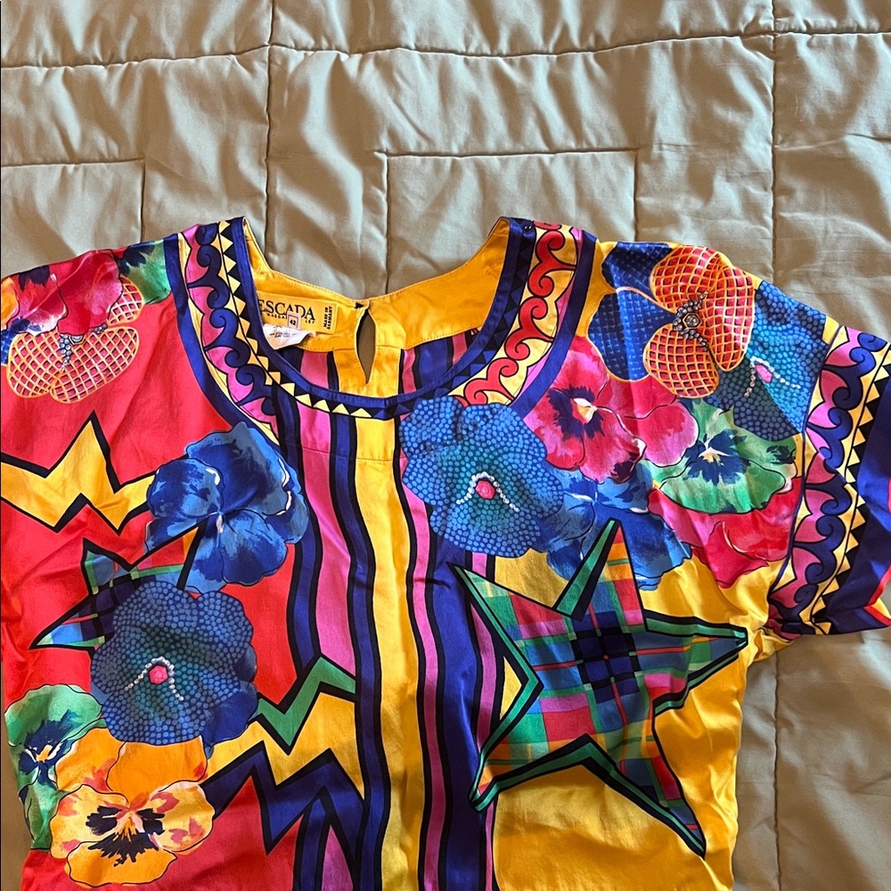 Escada Bright Multicolor Floral & Star Silk Blouse
